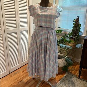 Mable Pastel lavender blue plaid pleated midi skirt and crop top set